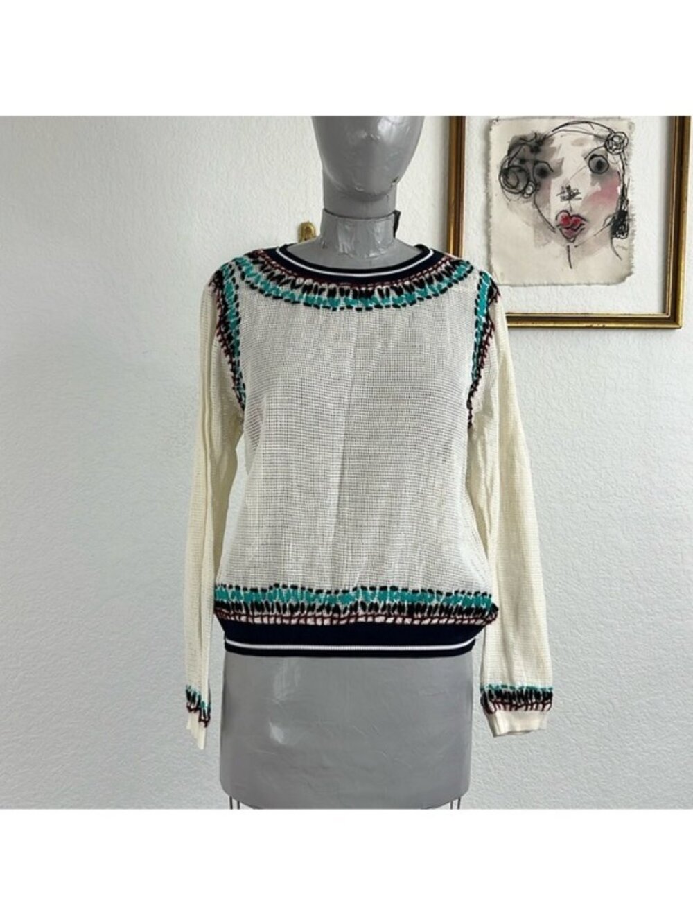 Zara Crochet Net Top Macreme Yarn Trim Pop Over Sweater
